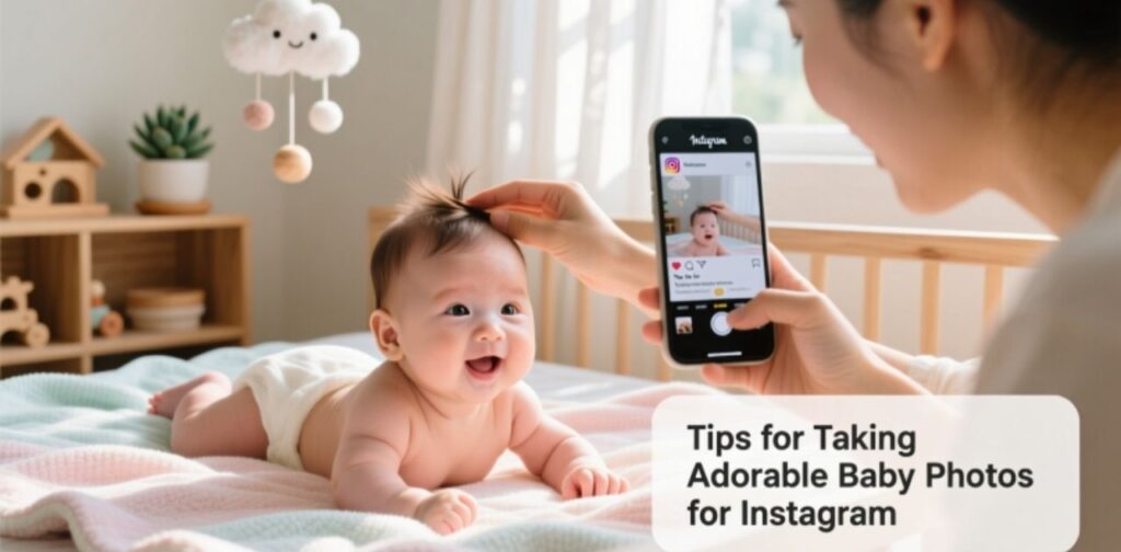 Parent capturing adorable photos of baby boy with a camera, highlighting tips for Instagram-worthy shots.