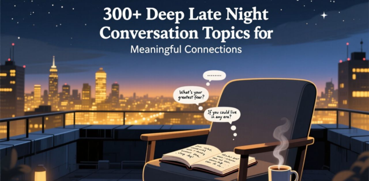 Deep Late Night Conversation Topics for Meaningful Connections illustrated by two people talking at night.