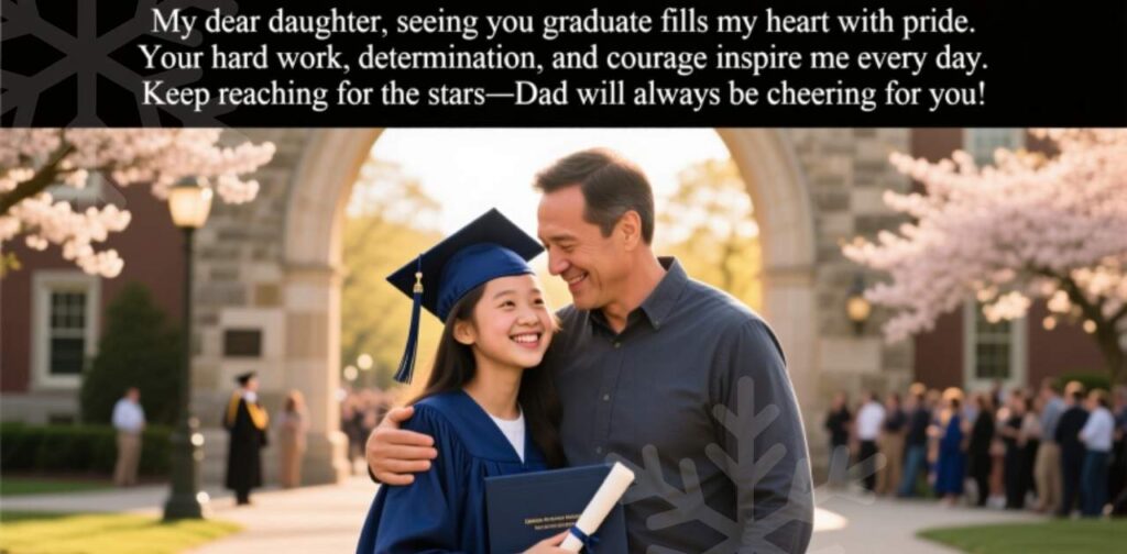 A loving dad congratulating his daughter on her graduation with pride and affection.