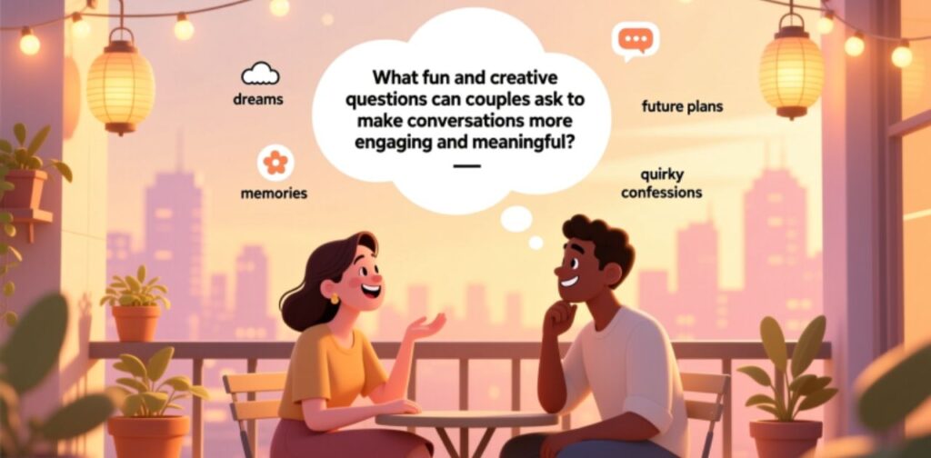 A couple enjoying a playful and engaging conversation, using creative questions to spark fun and meaningful dialogue.