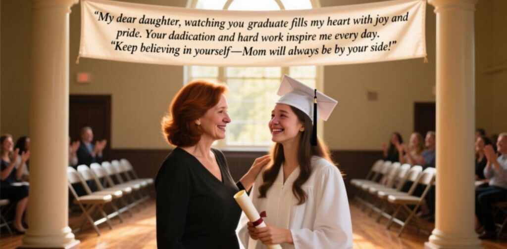 A loving mother congratulating her daughter on graduation with pride and affection.