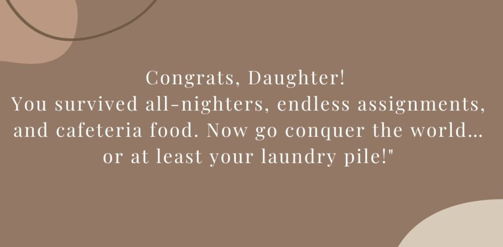 Parents laughing and celebrating their daughter's graduation with funny and playful messages.