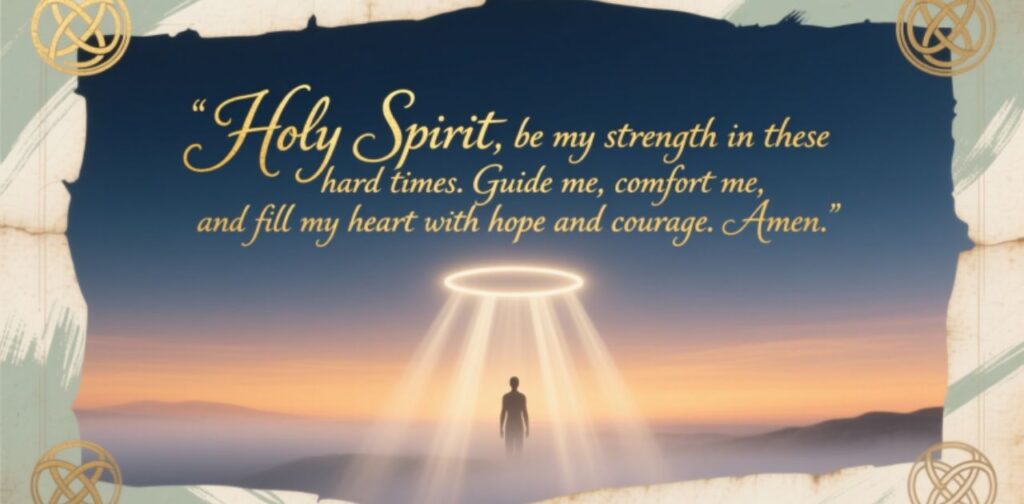 Prayer to the Holy Spirit during difficult and hard times, seeking guidance, comfort, strength, and divine help to overcome challenges.