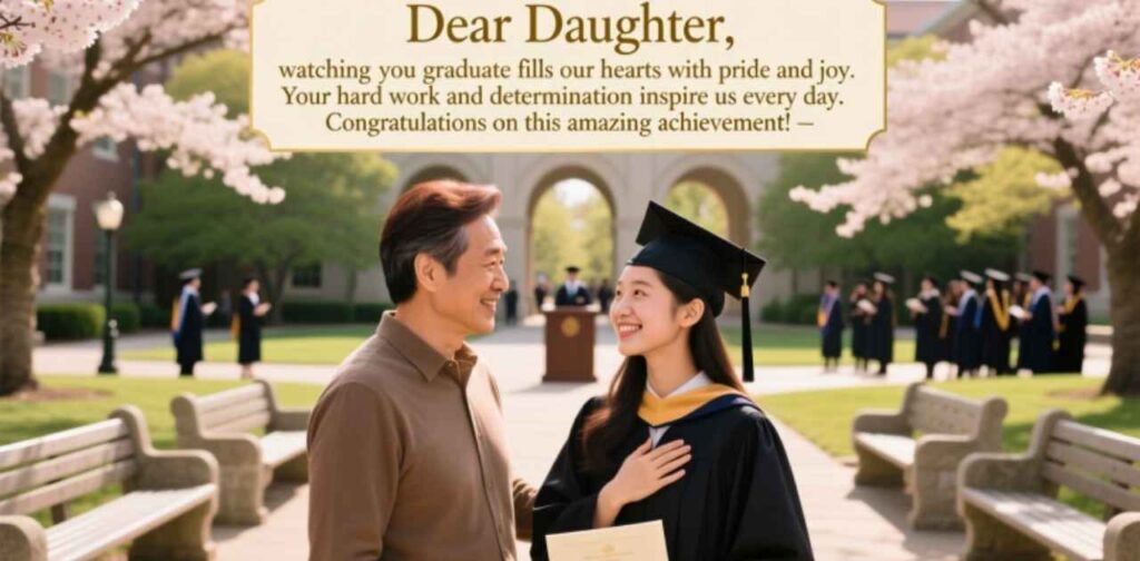 Proud parents congratulating their daughter on her graduation with love and happiness.