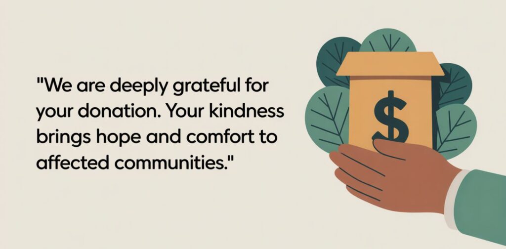 Person expressing gratitude for disaster relief donations, showing appreciation for support during difficult times.
