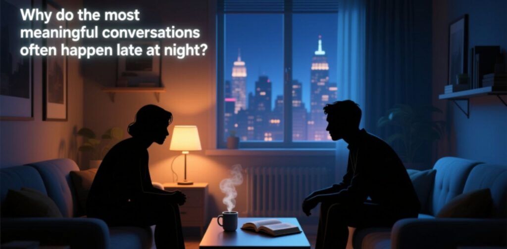 Two friends sitting under soft night lights, having a deep and meaningful conversation during late hours.