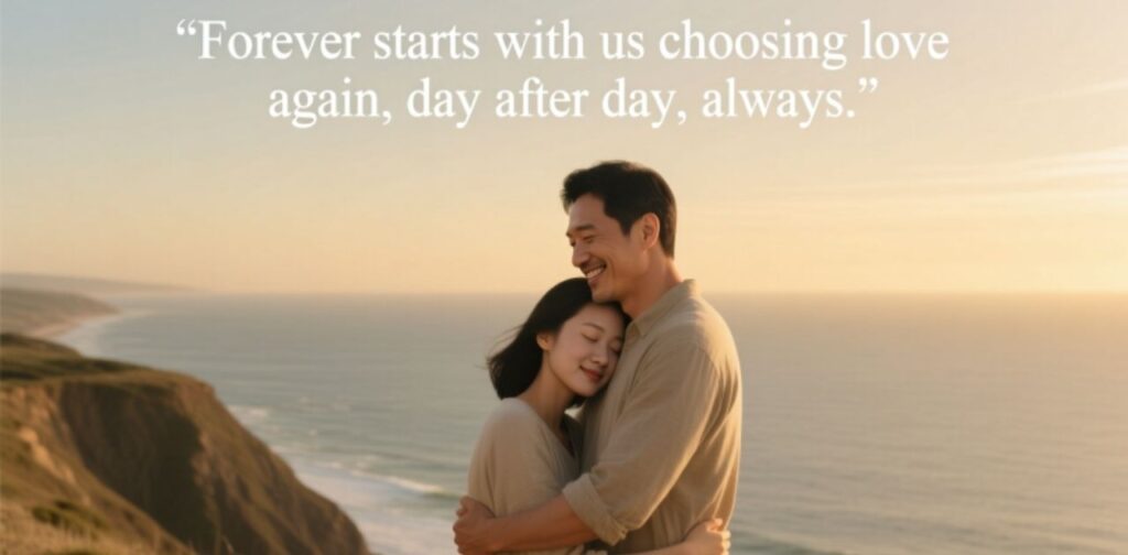 Together Forever Quote for couples: ‘Forever starts with us choosing love again, day after day, always.’ Perfect for Instagram or love messages.