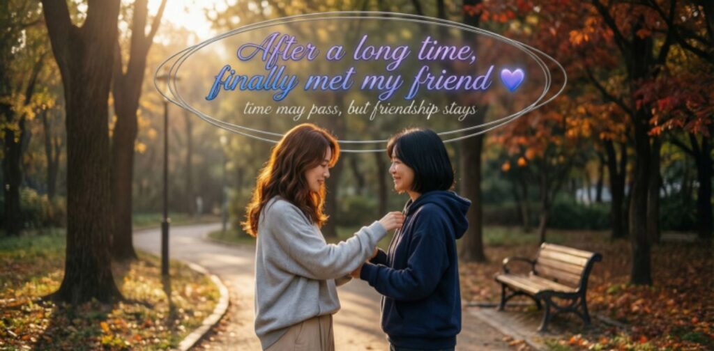 Friends meeting after a long time, smiling, hugging, and enjoying joyful moments — Meeting Friends After a Long Time Captions