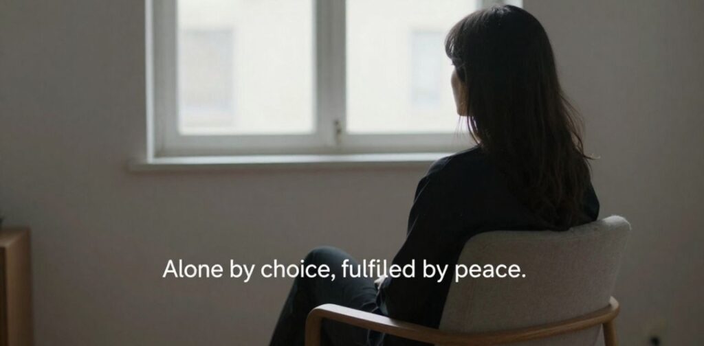 Alone But Never Lonely Captions”, representing self-contentment, inner peace, and confidence in solitude.