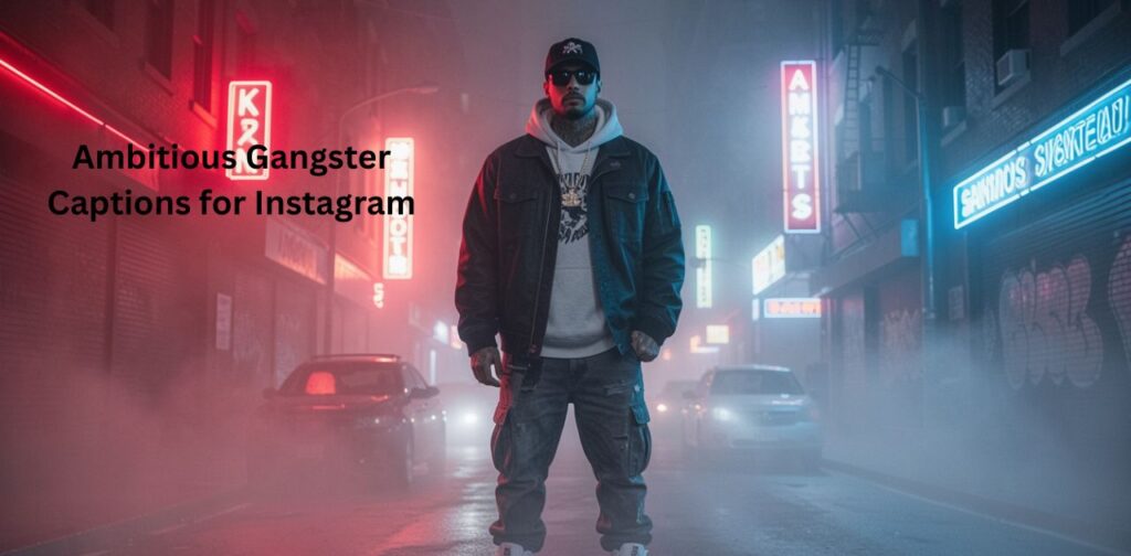 Stylish gangster-themed poster with a confident person in a neon-lit street and bold title “Ambitious Gangster Captions for Instagram.”