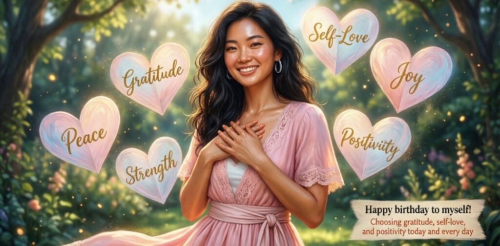 Birthday wishes for myself to post on social media celebrating self-love, gratitude, growth, and happiness