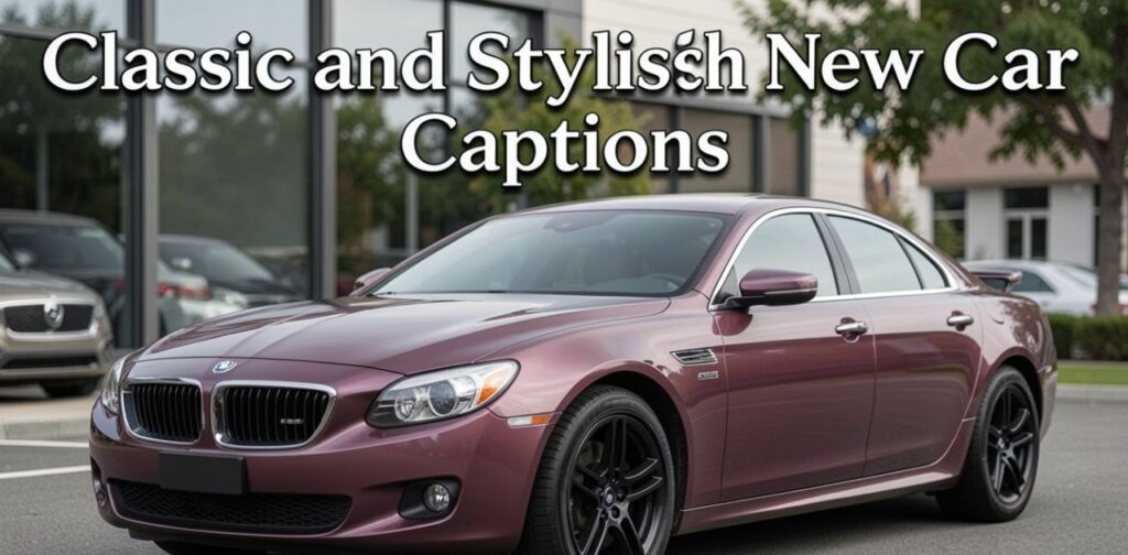 Classic and Stylish New Car Captions,” featuring a luxury or classic-style car in an elegant, timeless setting with refined lighting and minimal aesthetic, paired with bold caption text expressing sophistication, class, and automotive style.
