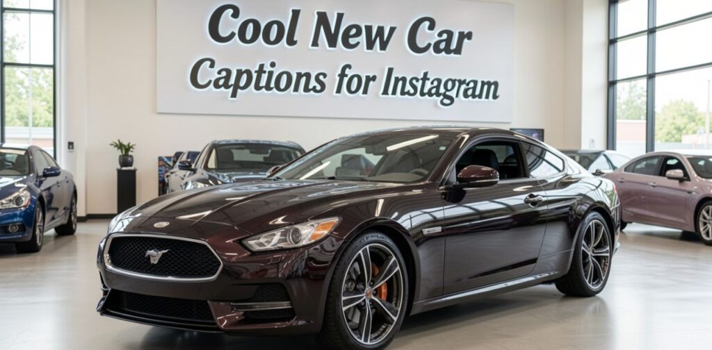 A stylish Instagram-themed graphic titled “Cool New Car Captions for Instagram,” featuring a sleek modern car in an aesthetic urban night setting, designed for car enthusiasts with bold, trendy caption text expressing style, freedom, and luxury vibes.