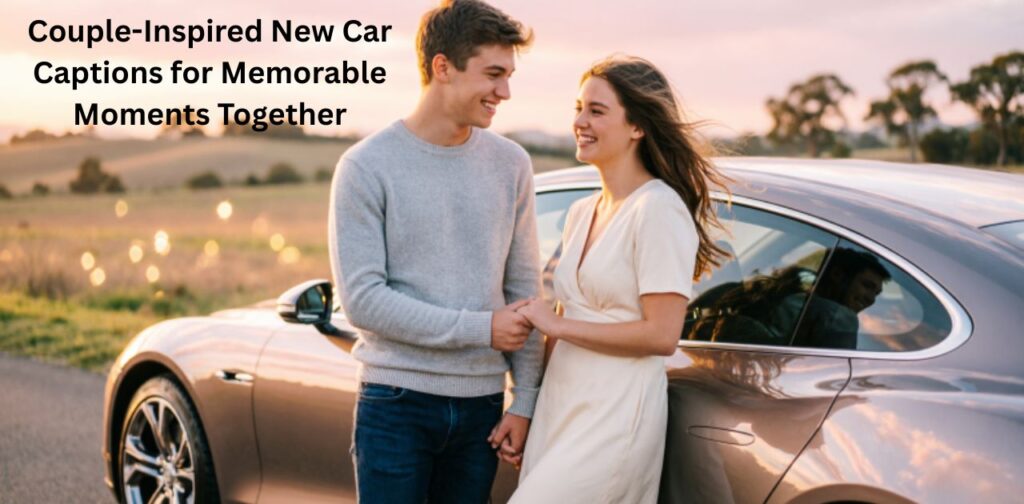 Couple-Inspired New Car Captions for Memorable Moments Together,” featuring a couple standing beside a brand-new car in a warm golden-hour setting, capturing love, celebration, and shared achievement with cinematic lighting, soft bokeh, and emotional, aesthetic vibes.