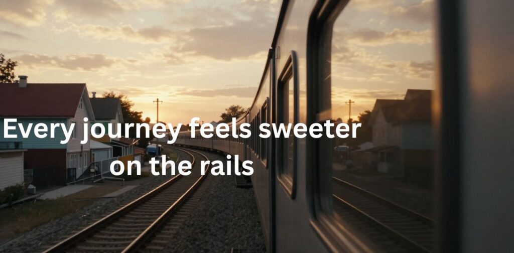 A cute couple enjoying their journey on a scenic train ride, cozy and happy moments captured, perfect for Train Captions for Instagram.