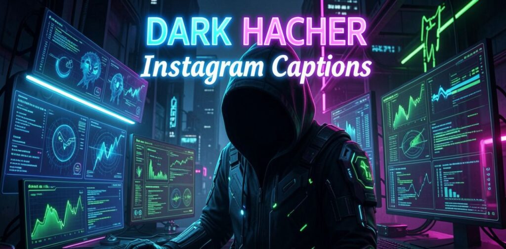 Dark Hacker Instagram Captions’ displayed in bold typography, likely used for a social media post featuring moody or dark-themed caption ideas.