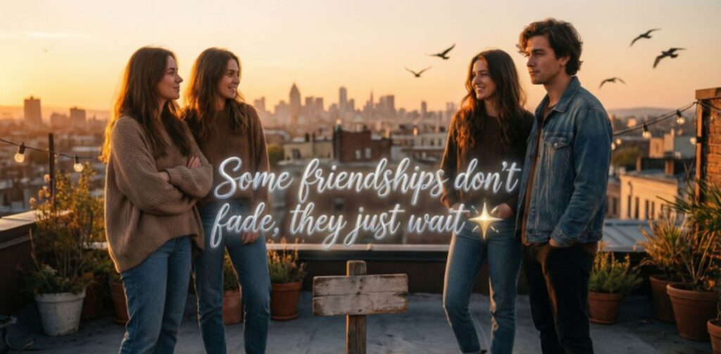 Friends meeting after a long time, sharing emotional smiles, warm hugs, and deep conversations, capturing feelings of love, nostalgia, and true friendship.