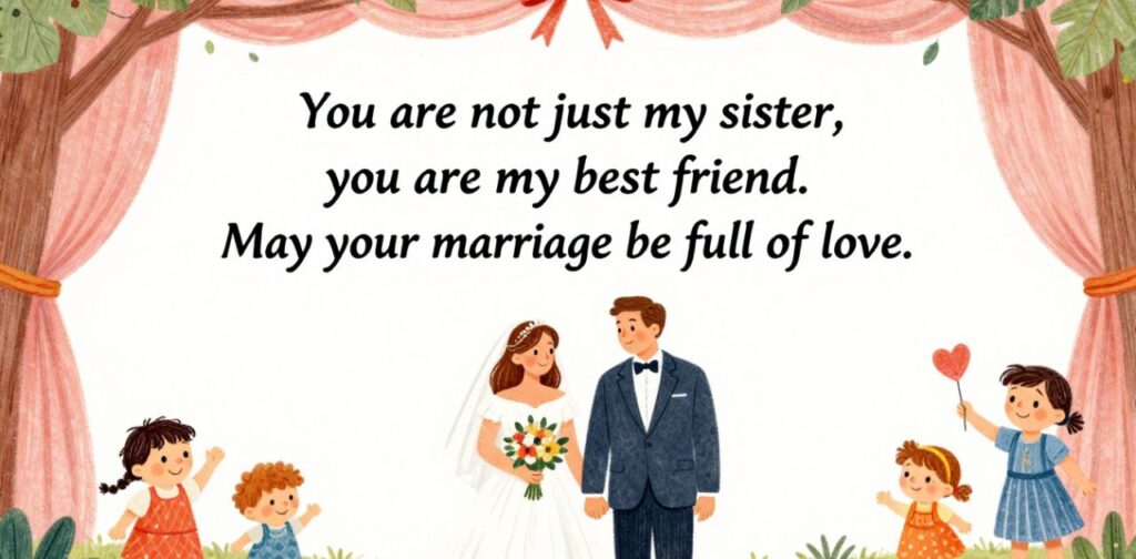 Emotional wedding wishes for a sister with heartfelt messages, love, tears, and blessings for her special day