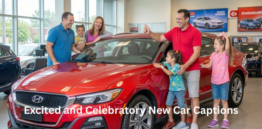 Excited and Celebratory New Car Captions,” featuring a joyful new car delivery moment with a person celebrating beside a shiny new vehicle, designed with festive vibes, confetti-like energy, and bold caption text expressing excitement, achievement, and celebration.
