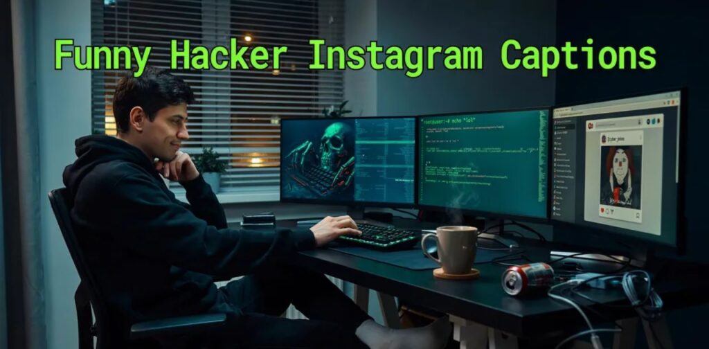 Funny Hacker Instagram Captions’ in bold style, likely used for a social media post or caption collection