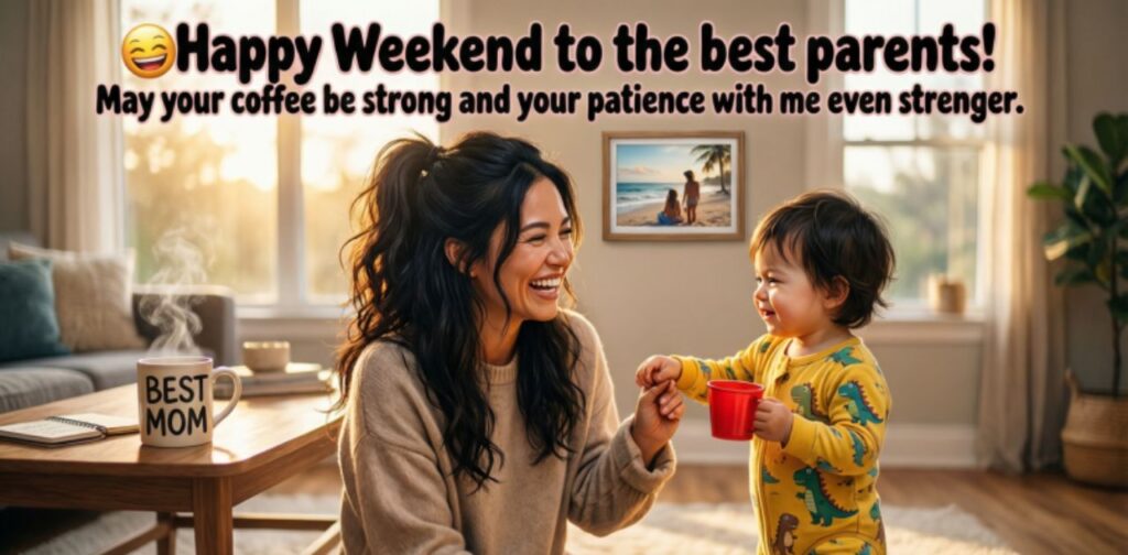 Funny happy weekend wishes for your parents filled with humor, love, laughter, and joyful family moments.