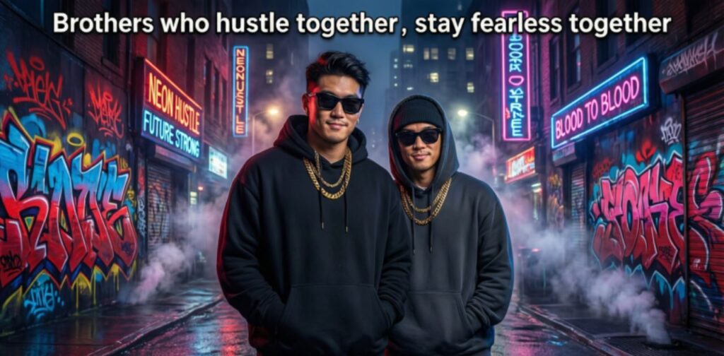 Gangster Brother Captions for Instagram – edgy and confident young males with bold street style, neon urban background, sunglasses, hoodie, cap, and gold chains, representing fearless brotherhood.