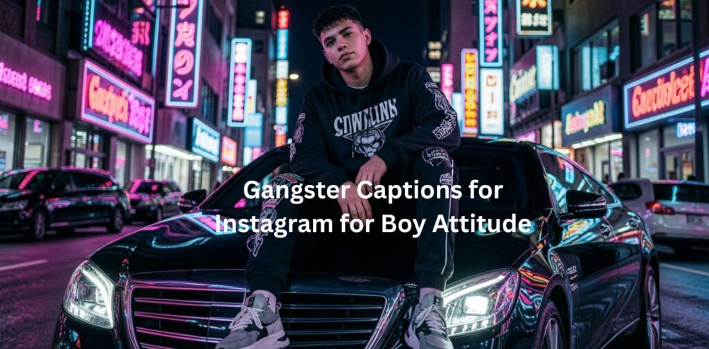 Stylish boy with confident attitude in cinematic lighting, bold gangster caption text on dynamic urban background.