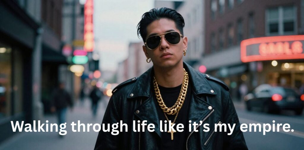 Gangster captions inspiration: stylish gangster posing confidently on neon-lit urban street, wearing leather jacket, sunglasses, and gold chains. Perfect for Instagram style lovers.