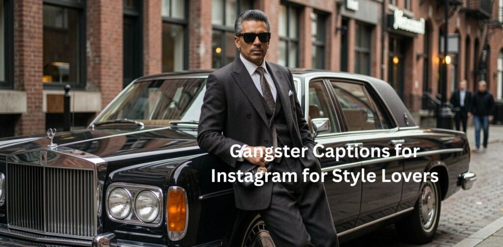 Gangster captions for Instagram for style lovers featuring a confident stylish person with luxury fashion vibe and cinematic urban aesthetic.