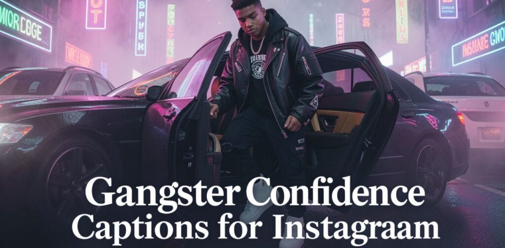Gangster confidence captions for Instagram featuring a fearless confident person with strong attitude and cinematic urban lighting aesthetic.