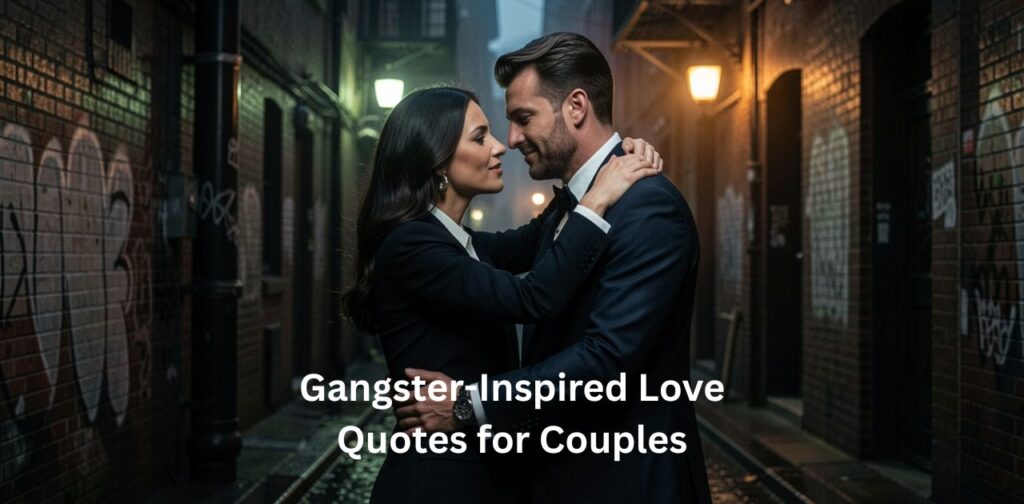Gangster-inspired love quotes for couples featuring a stylish romantic pair with confident attitude, cinematic urban mood, and bold aesthetic vibe.