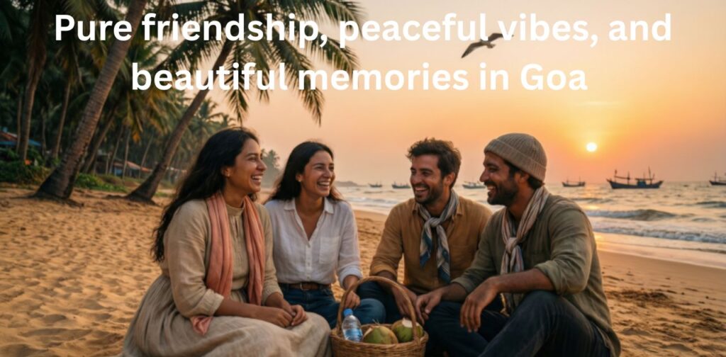 Friends enjoying quality time in Goa while wearing decent full dresses, smiling near the beach and sunset.