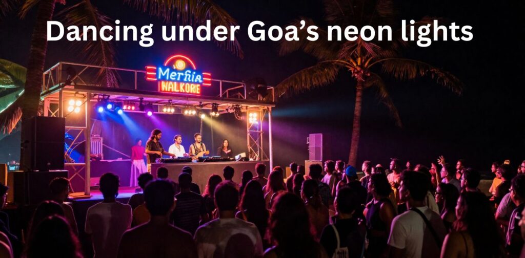 Vibrant Goa nightlife scene with colorful lights, beach parties, and people dancing under the night sky.