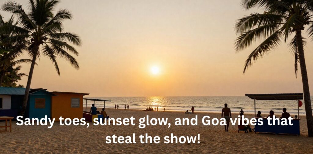 Scenic Goa travel moments with beaches, sunsets, palm trees, and vibrant coastal vibes for Instagram captions.