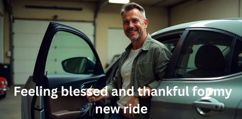 Person standing next to their new car, expressing gratitude and happiness, perfect for Instagram posts