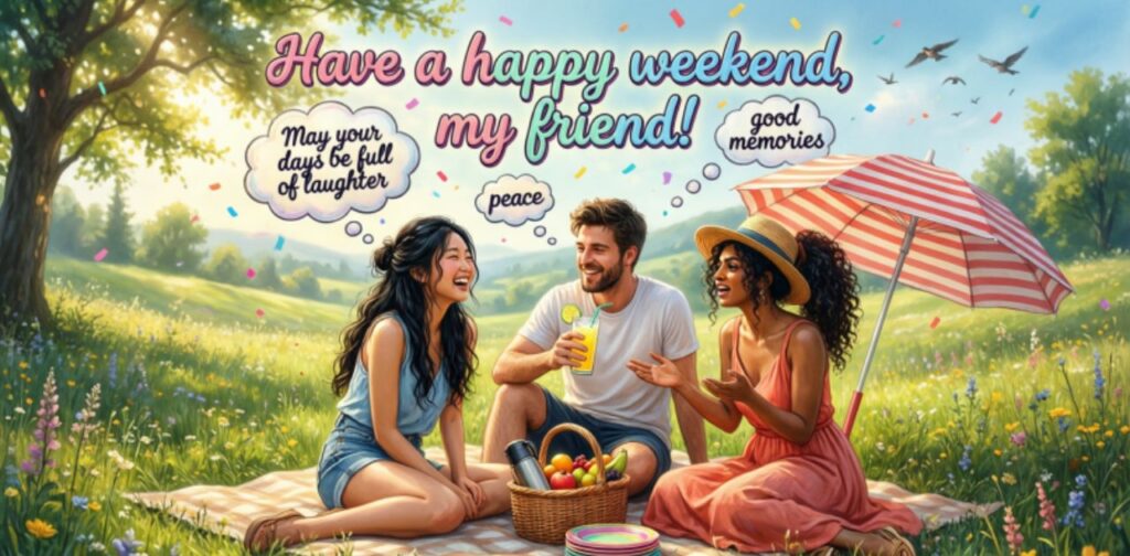 Have a happy weekend greetings for your friends, filled with joy, smiles, relaxation, and positive vibes.