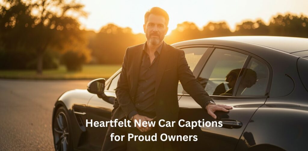 Heartfelt New Car Captions for Proud Owners,” featuring a proud car owner standing beside a brand-new shiny car in a soft golden-hour setting, capturing emotional joy, gratitude, and achievement with elegant lighting, cinematic mood, and aesthetic caption text overlay.