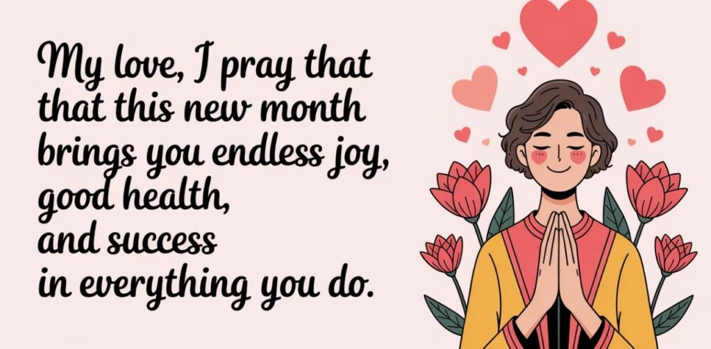 A romantic and emotional image featuring heartfelt prayers for my love this new month, wishing blessings, happiness, health, and endless love for my partner