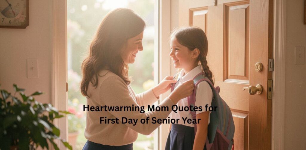 A proud mother gently hugging her child on the first day of senior year, capturing love and emotion that matches Heartwarming Mom Quotes for First Day of Senior Year.