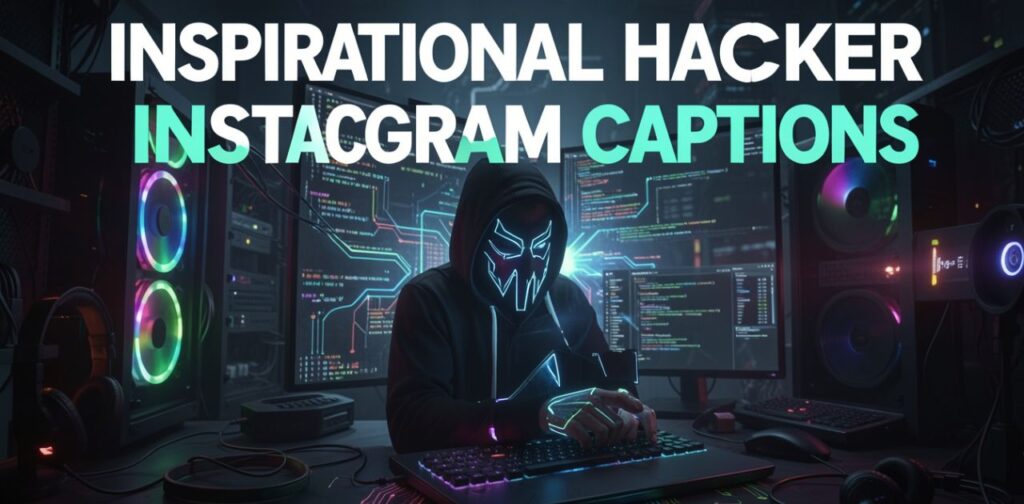 ‘Inspirational Hacker Instagram Captions’ displayed in bold typography, likely used for a social media post or caption collection focused on motivational themes