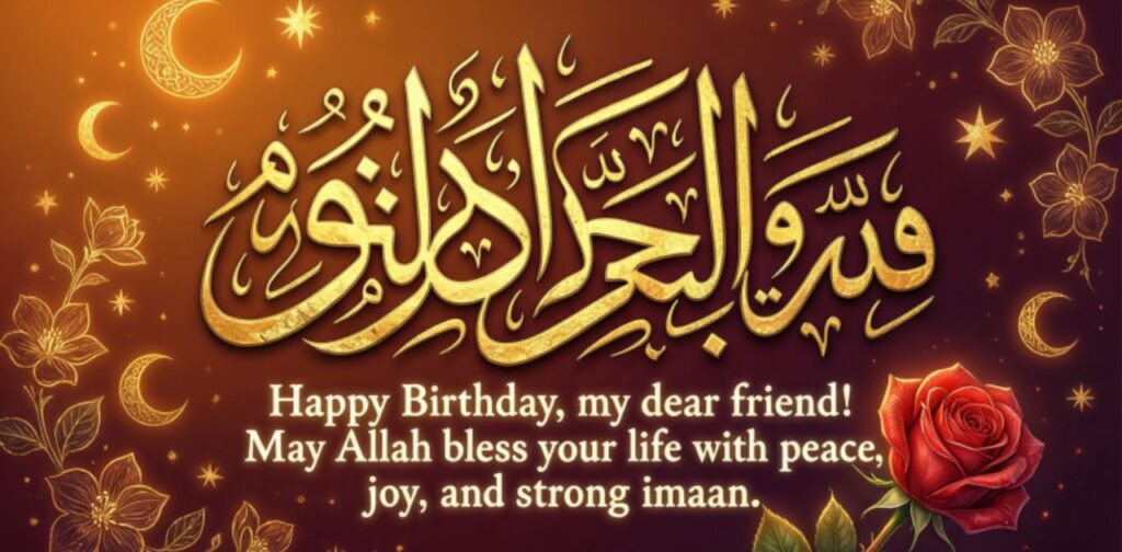 Heartfelt Islamic birthday wishes for a Muslim friend with duas, blessings, and prayers for peace, success, and strong faith