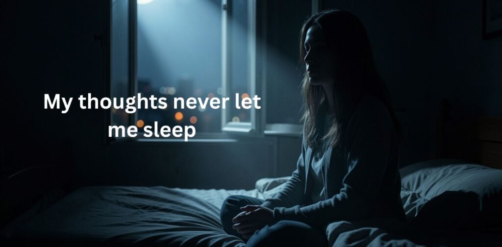 Lonely Night Captions,’ showing a person alone in a quiet bedroom at night under soft moonlight, surrounded by shadows and city glow through the window, expressing solitude, deep thoughts, and emotional stillness.