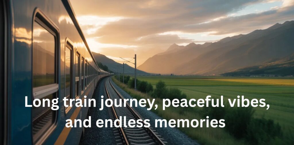 A scenic view from a train window showing railway tracks, mountains, and sunset during a long journey.