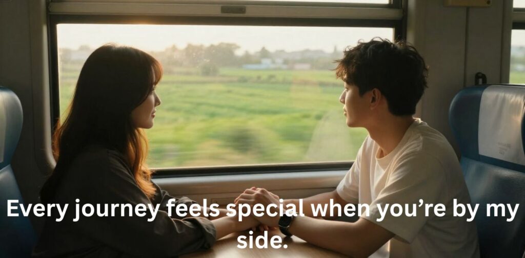 A couple sitting near a train window, holding hands and smiling, enjoying a romantic journey together with scenic views outside.
