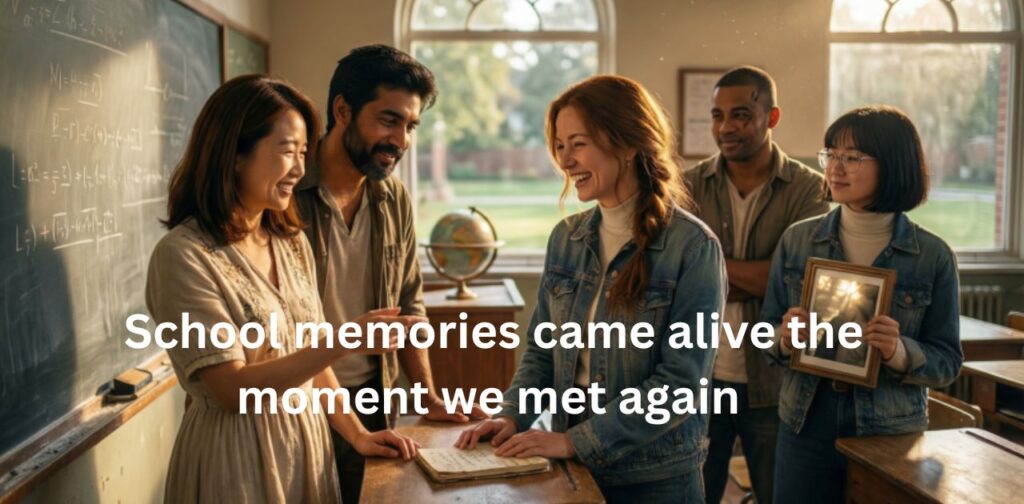Meeting school friends after a long time, joyful reunion with hugs and laughter — perfect example of Meeting Friends After a Long Time Captions.