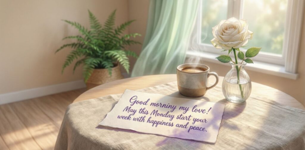 Monday morning messages to my love with romantic good morning wishes, sweet words, and positive vibes to start the week with love and happiness.