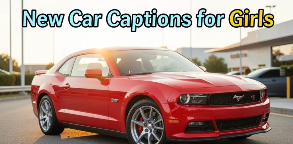 A stylish Instagram-themed graphic titled “New Car Captions for Girls,” featuring a confident young woman standing beside a sleek new car in a modern, aesthetic urban setting, with feminine, bold caption text expressing independence, luxury, and empowerment.