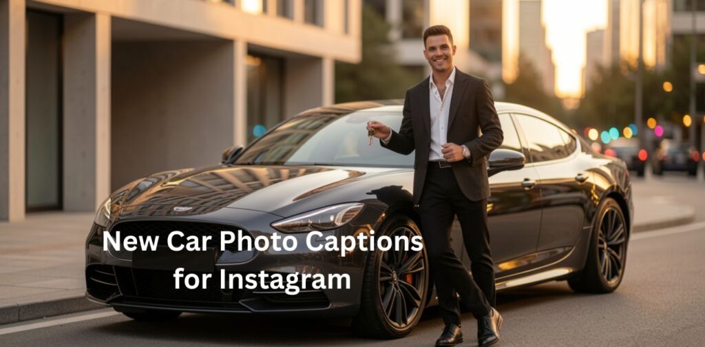 New Car Photo Captions for Instagram,” featuring a shiny new car photographed in a modern aesthetic setting with soft lighting and stylish composition, highlighting excitement, pride, and fresh ownership through bold caption text overlay.