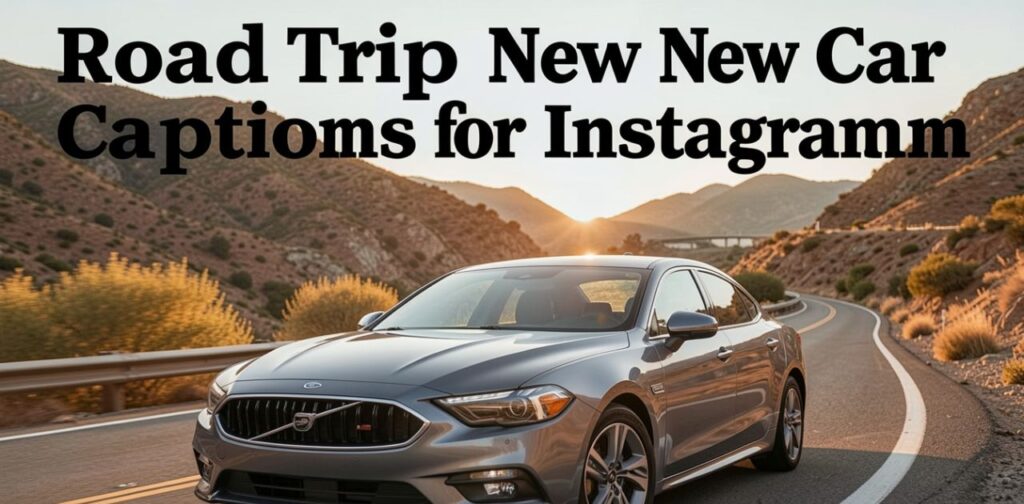 Road Trip New Car Captions for Instagram,” featuring a new car driving on an open highway at golden hour with mountains or desert roads in the background, capturing freedom, adventure, and travel vibes with bold caption text overlay