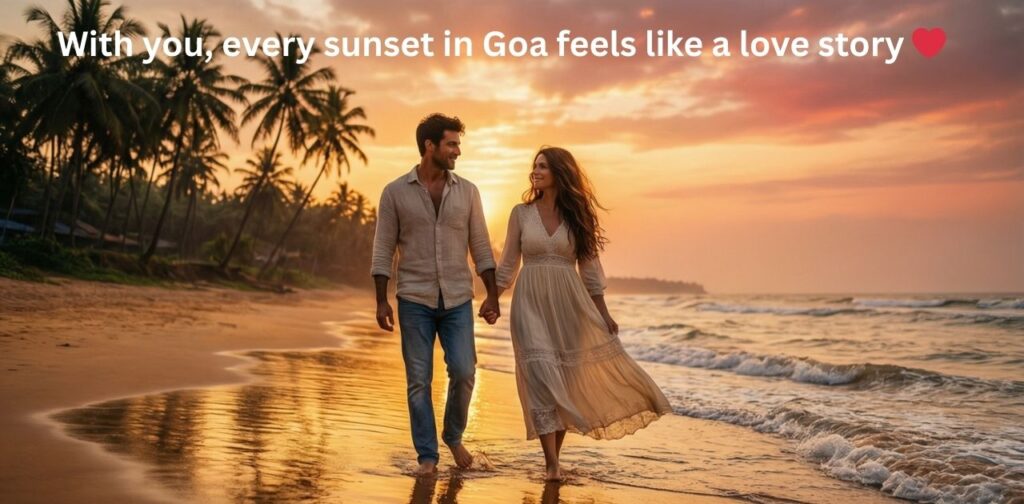 Romantic Goa captions for Instagram showing love-filled moments of couples at the beach during sunset and travel vibes.